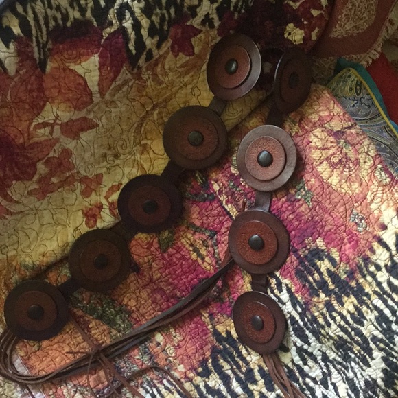 Leather belt with medallions embossed brass